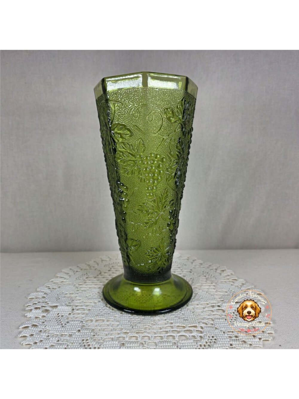 MCM Green Pressed Glass Vase With Grape & Wine Pattern Octagonal Shape 9.5" Tall